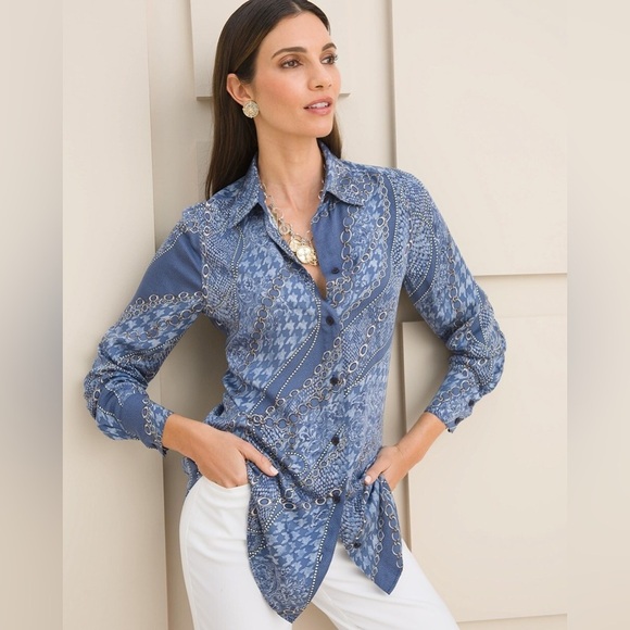 Chicos Sandwashed Satin Mixed Print Button Up Long Sleeve Chico Size 2/ US 12/14 - Picture 2 of 10